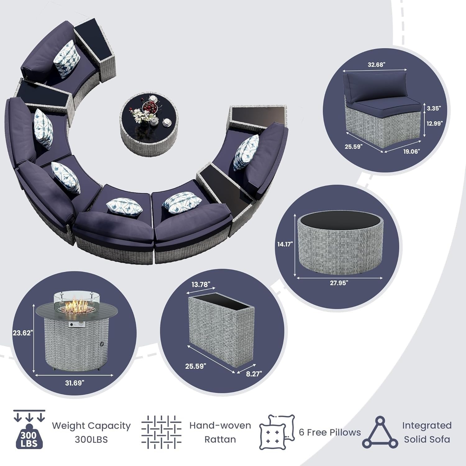 11-Piece Half-Moon Patio Sectional Set