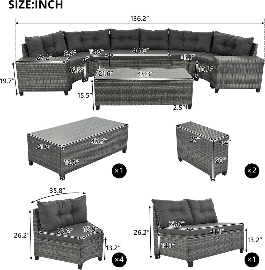 8-Pieces Half-Moon Wicker Sofa Set
