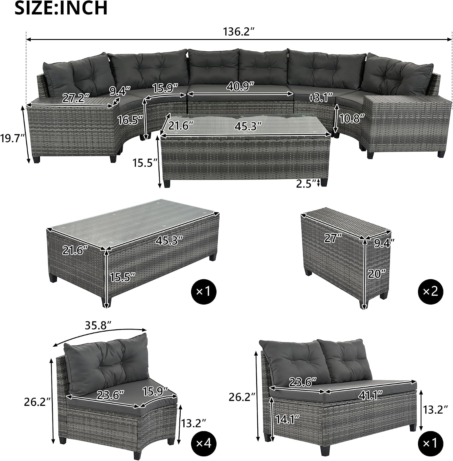 8-Pieces Half-Moon Wicker Sofa Set