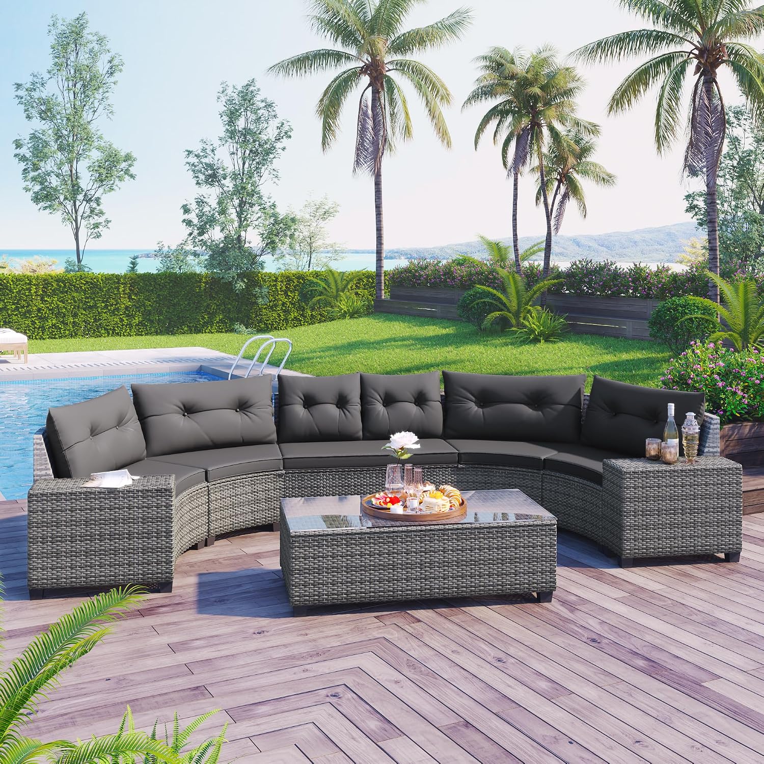 8-Pieces Half-Moon Wicker Sofa Set