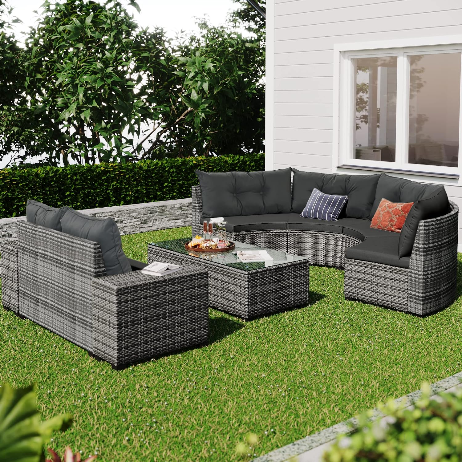 8-Pieces Half-Moon Wicker Sofa Set